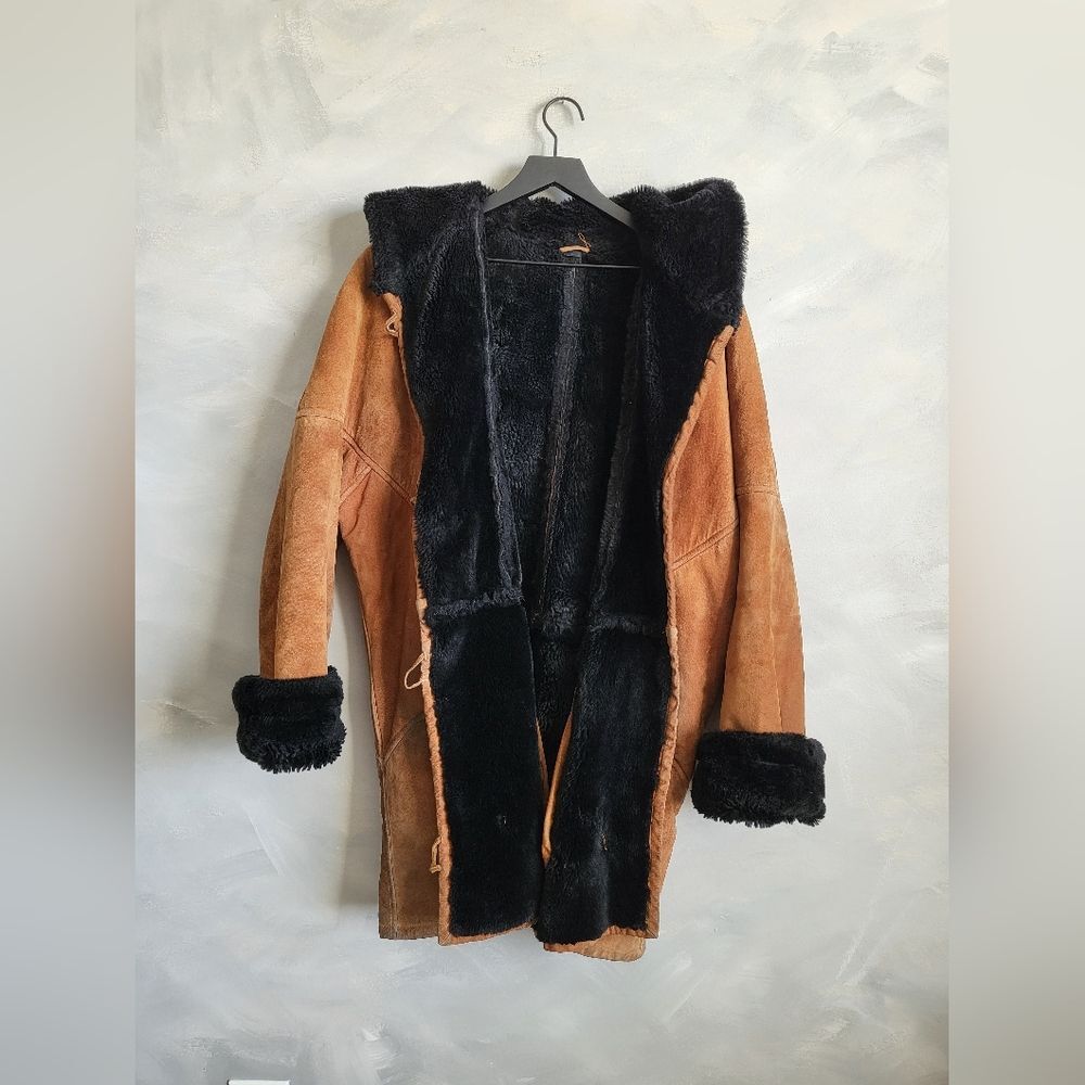 Synergy Suede Leather Faux Shearling Tan and Black Hooded Size S Oversized Coat